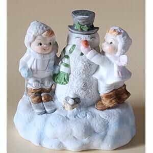 Vintage Snowman & Children Ceramic Music Box Wind-up Artistic Gifts Inc